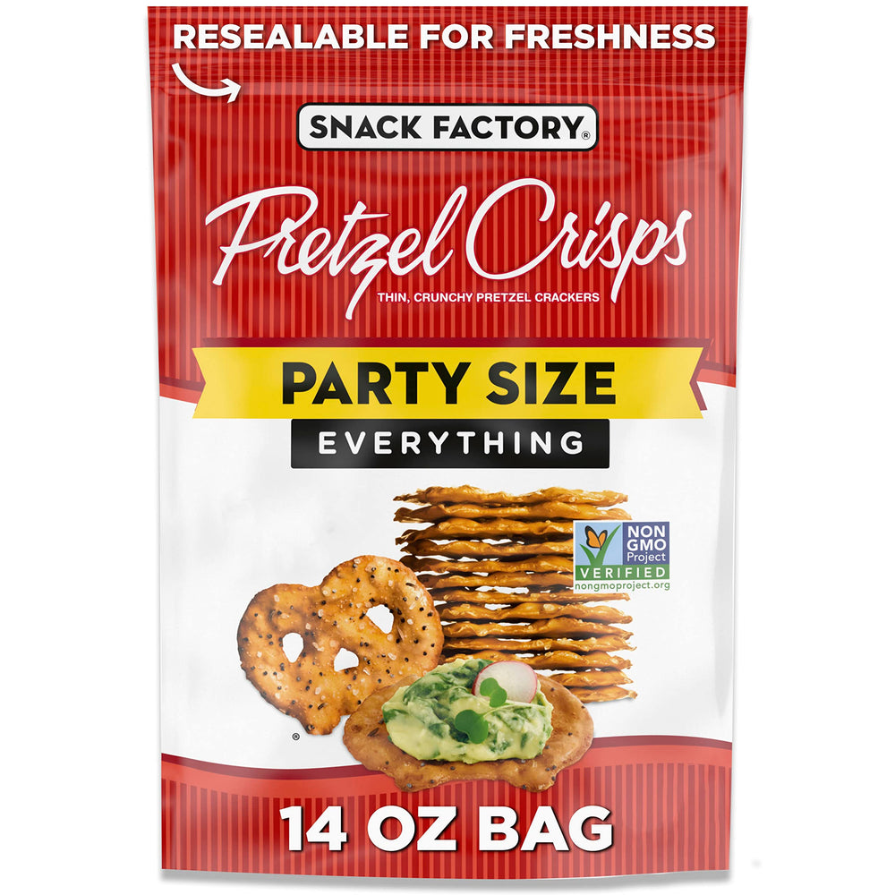 Snack Factory Everything Pretzel Crisps pack on table for easy snacking and sharing.