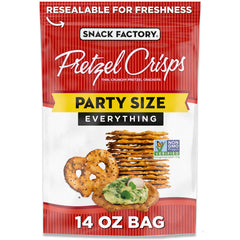 Snack Factory Everything Pretzel Crisps pack on table for easy snacking and sharing.