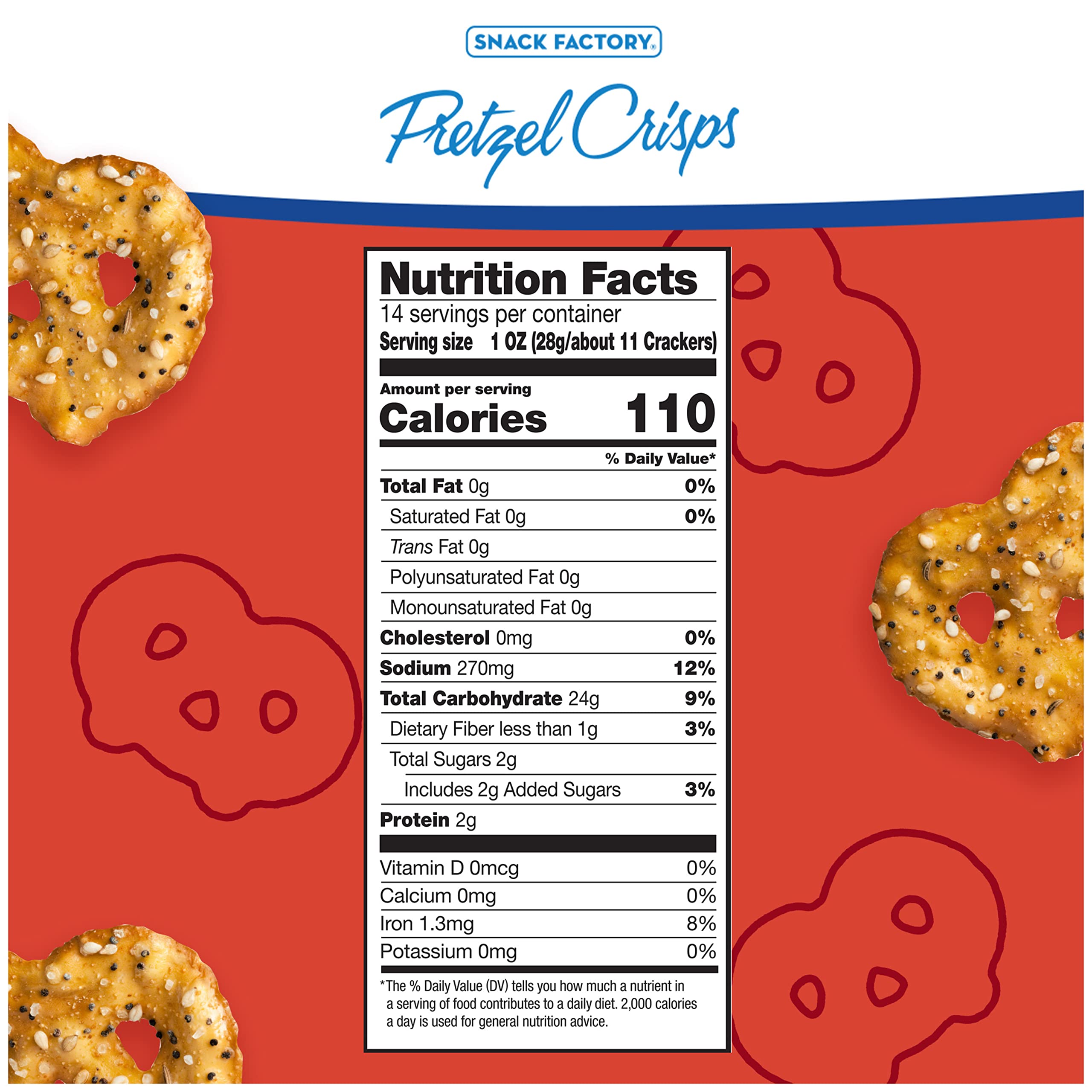 Close-up of Snack Factory Everything Pretzel Crisps showing poppy seeds and seasonings.