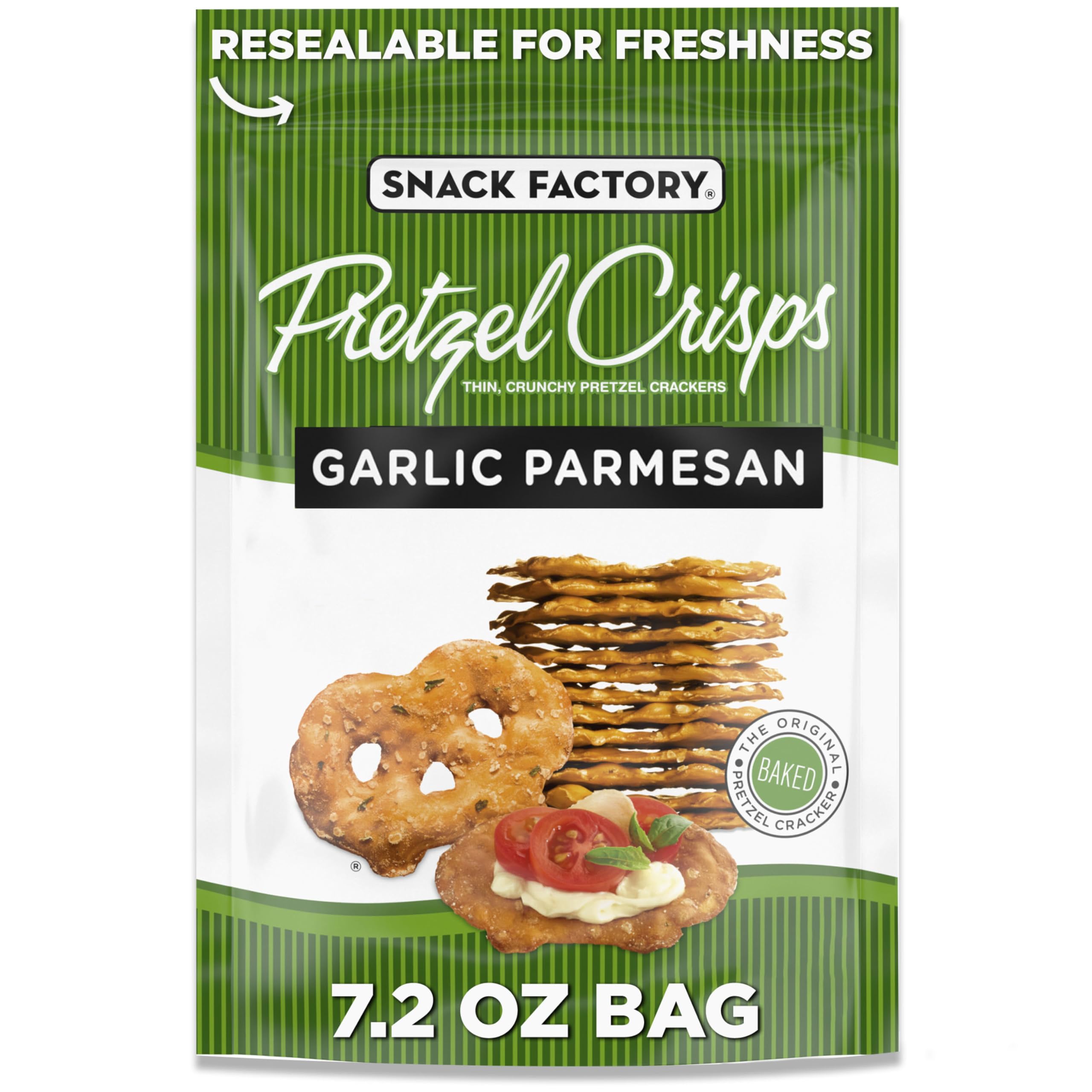Snack Factory Garlic Parmesan Pretzel Crisps bag, ideal for quick snacking