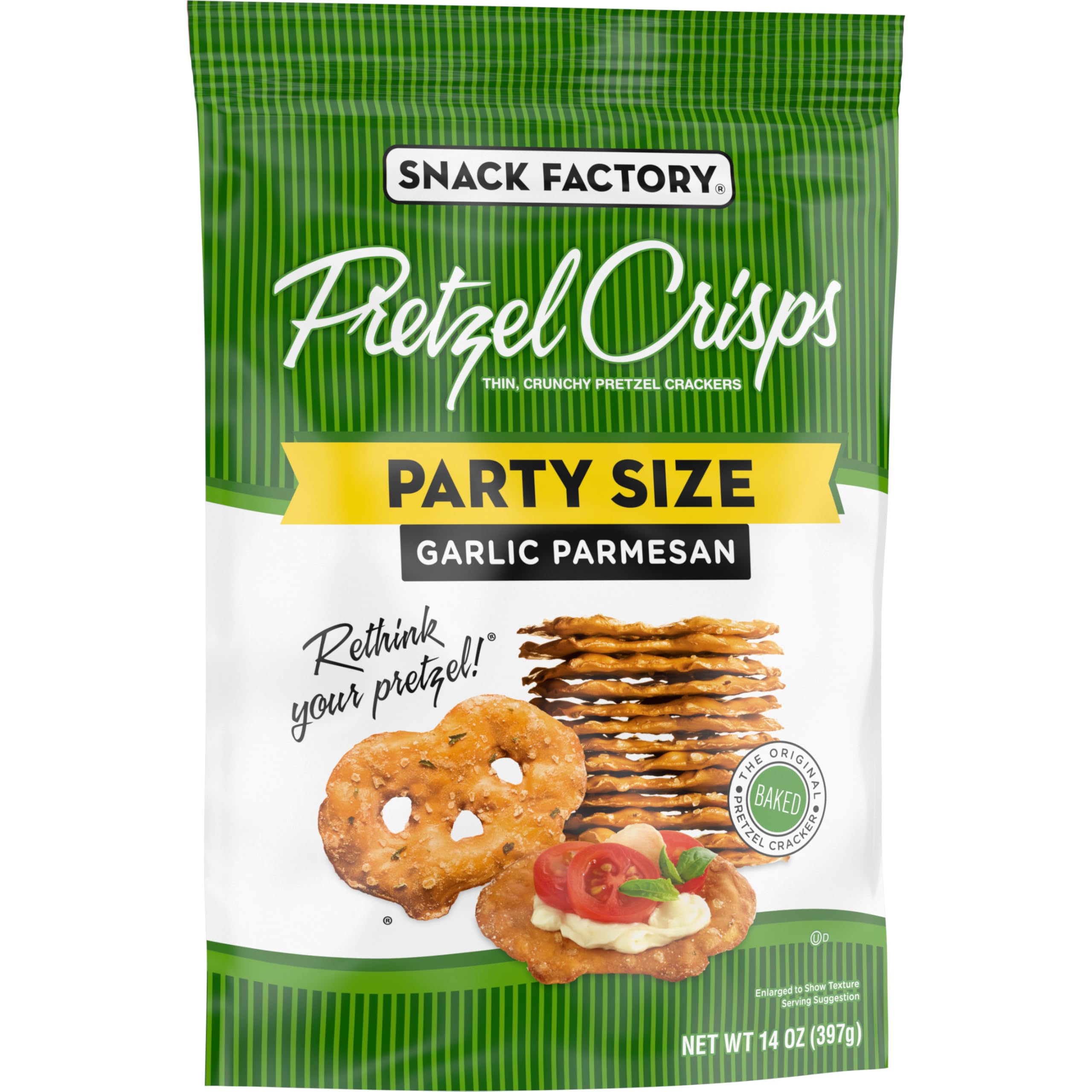 Snack Factory Garlic Parmesan Pretzel Crisps with basil and mozzarella topping idea.