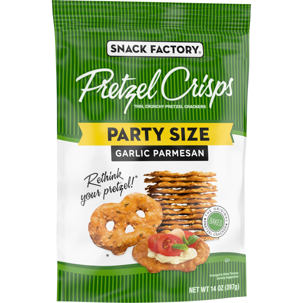 Snack Factory Garlic Parmesan Pretzel Crisps with basil and mozzarella topping idea.