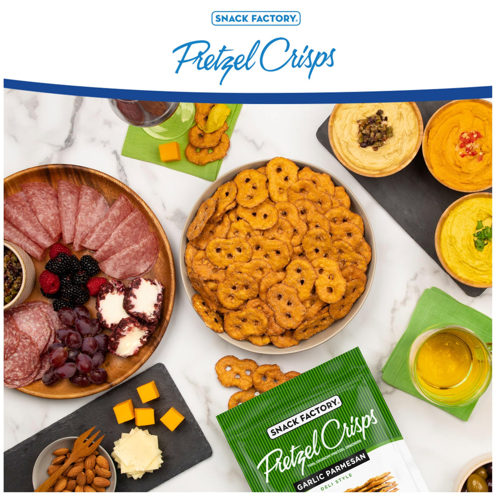Garlic Parmesan Pretzel Crisps on a charcuterie board for entertaining