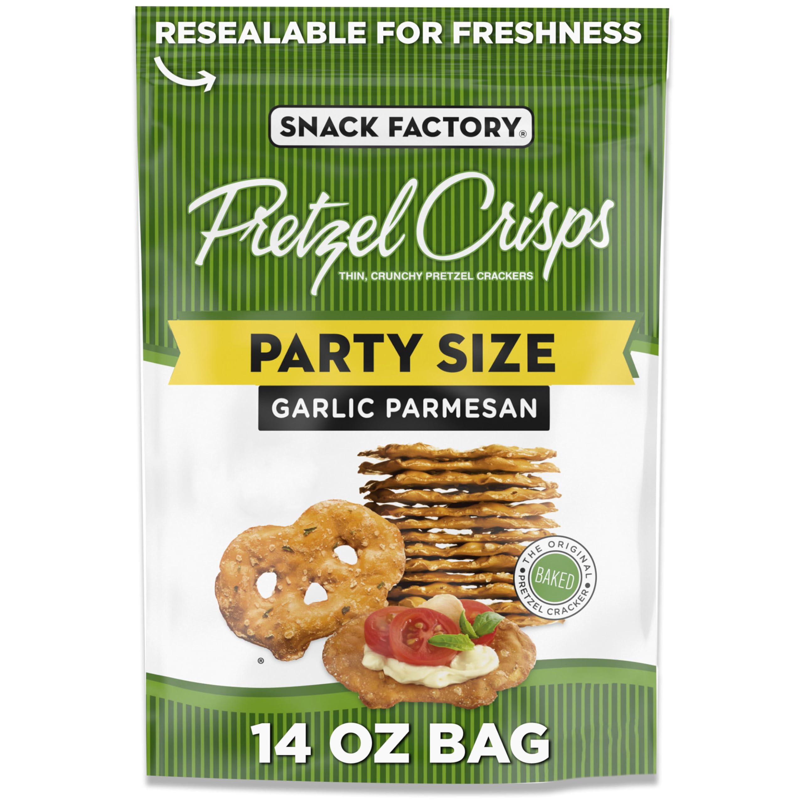 Snack Factory Garlic Parmesan Pretzel Crisps pack shot with resealable bag for easy sharing.