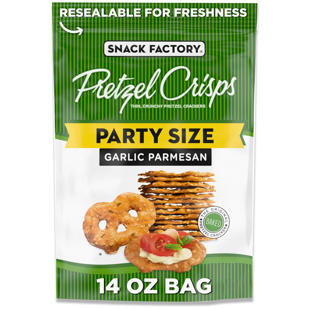 Snack Factory Garlic Parmesan Pretzel Crisps pack shot with resealable bag for easy sharing.