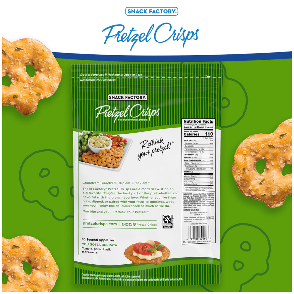 Snack Factory Garlic Parmesan Pretzel Crisps on a serving plate for quick snacking.