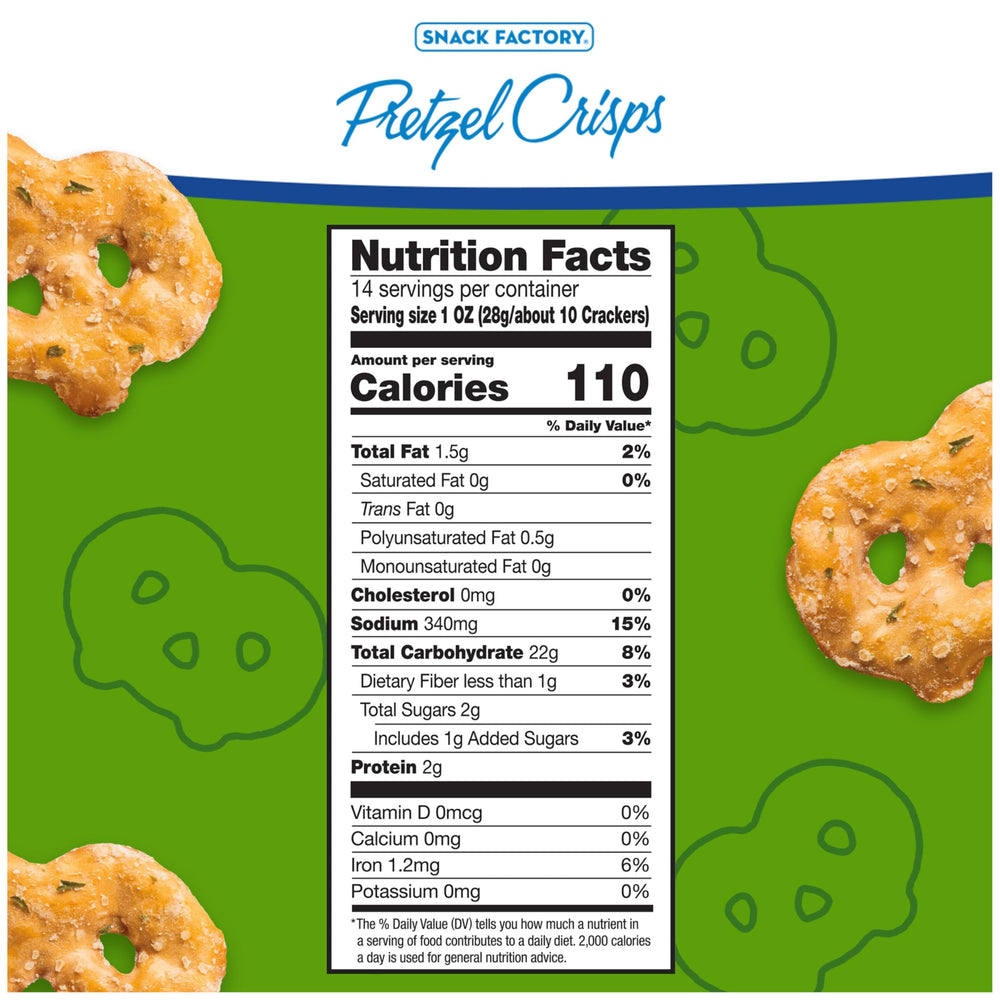 Snack Factory Garlic Parmesan Pretzel Crisps thin crunch close-up highlights savory garlic and Parmesan.