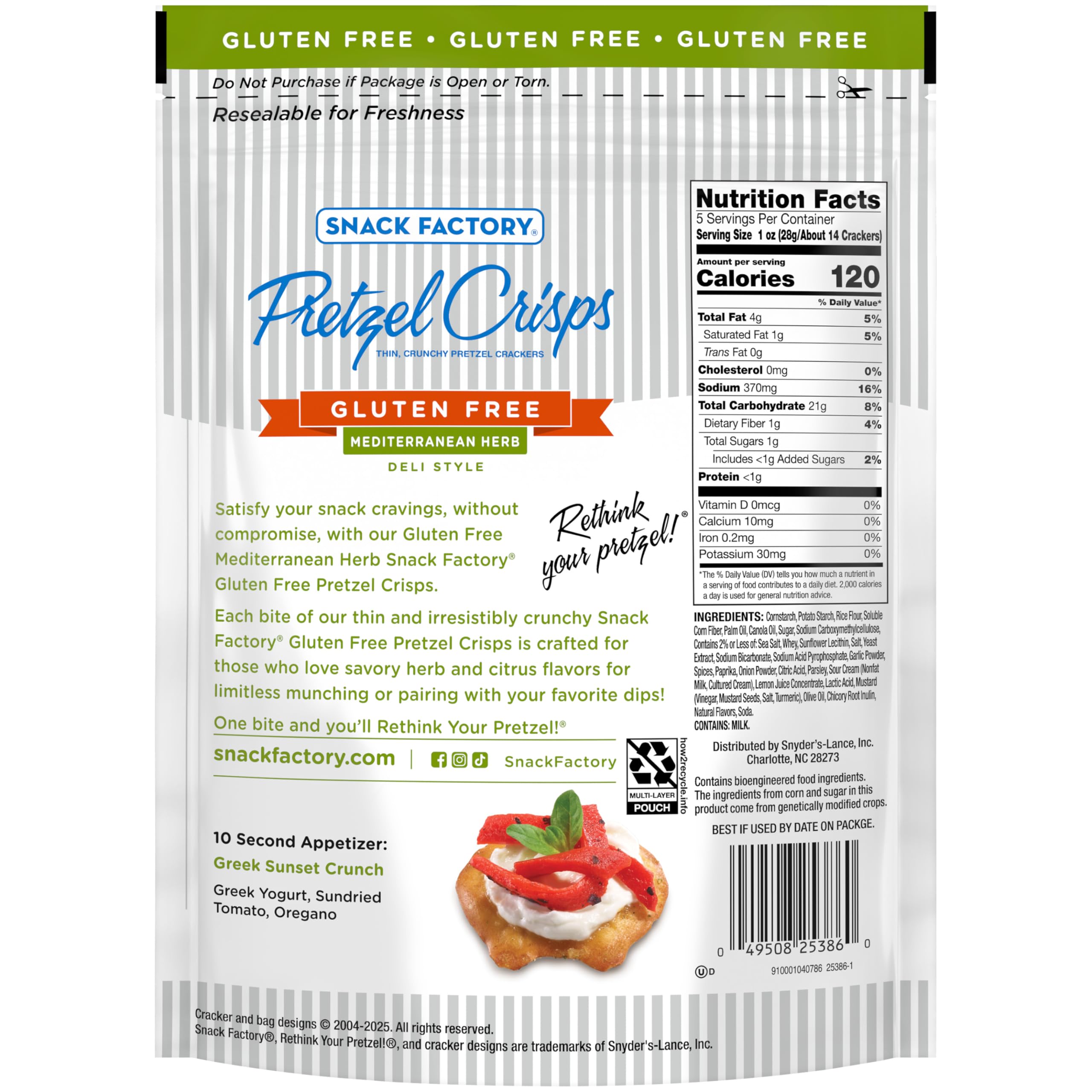 Snack Factory Gluten Free Pretzel Crisps pack highlights 5-ounce resealable convenient snack.