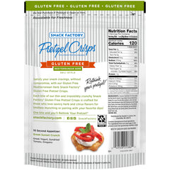 Snack Factory Gluten Free Pretzel Crisps pack highlights 5-ounce resealable convenient snack.