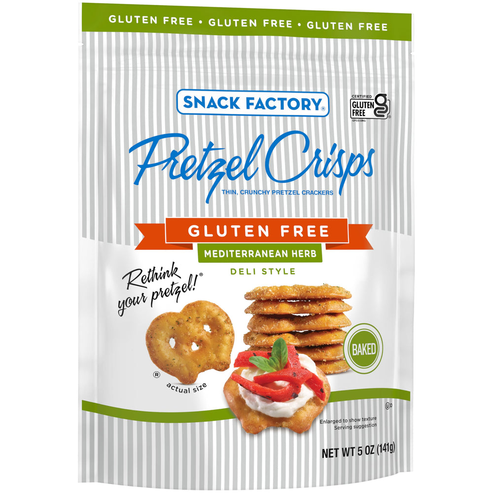 Snack Factory Mediterranean Herb Crisps texture detail emphasizes crunch and savory herb notes.