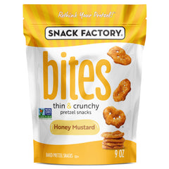 Snack Factory Honey Mustard Bites bag shows portable crunch for snacking on the go.