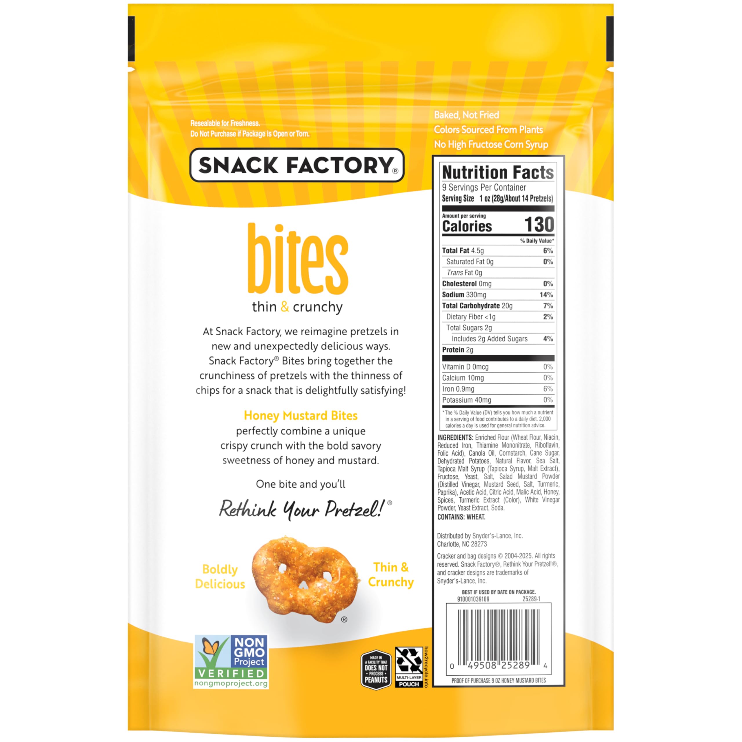 Snack Factory Honey Mustard Bites resealable bag keeps freshness for sharing.