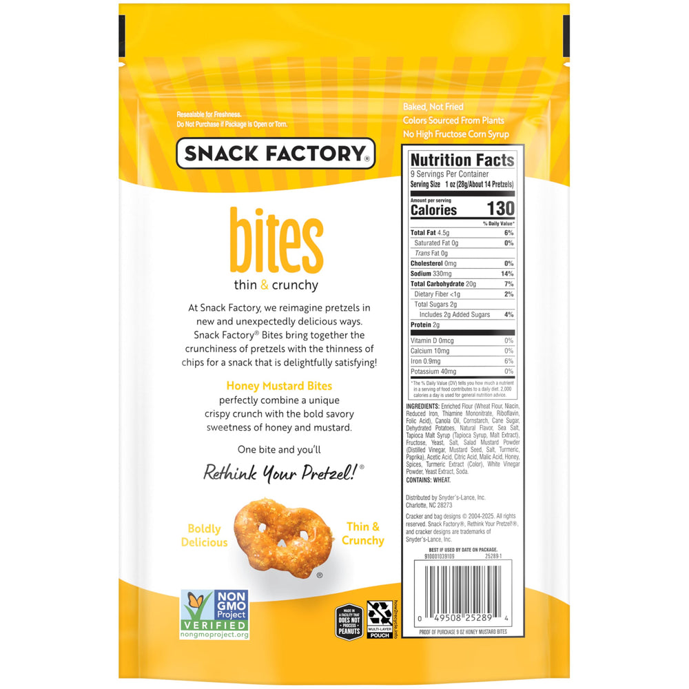 Snack Factory Honey Mustard Bites resealable bag keeps freshness for sharing.