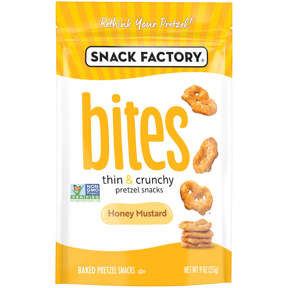 Snack Factory Honey Mustard Bites served on a cheese board for party snacking.