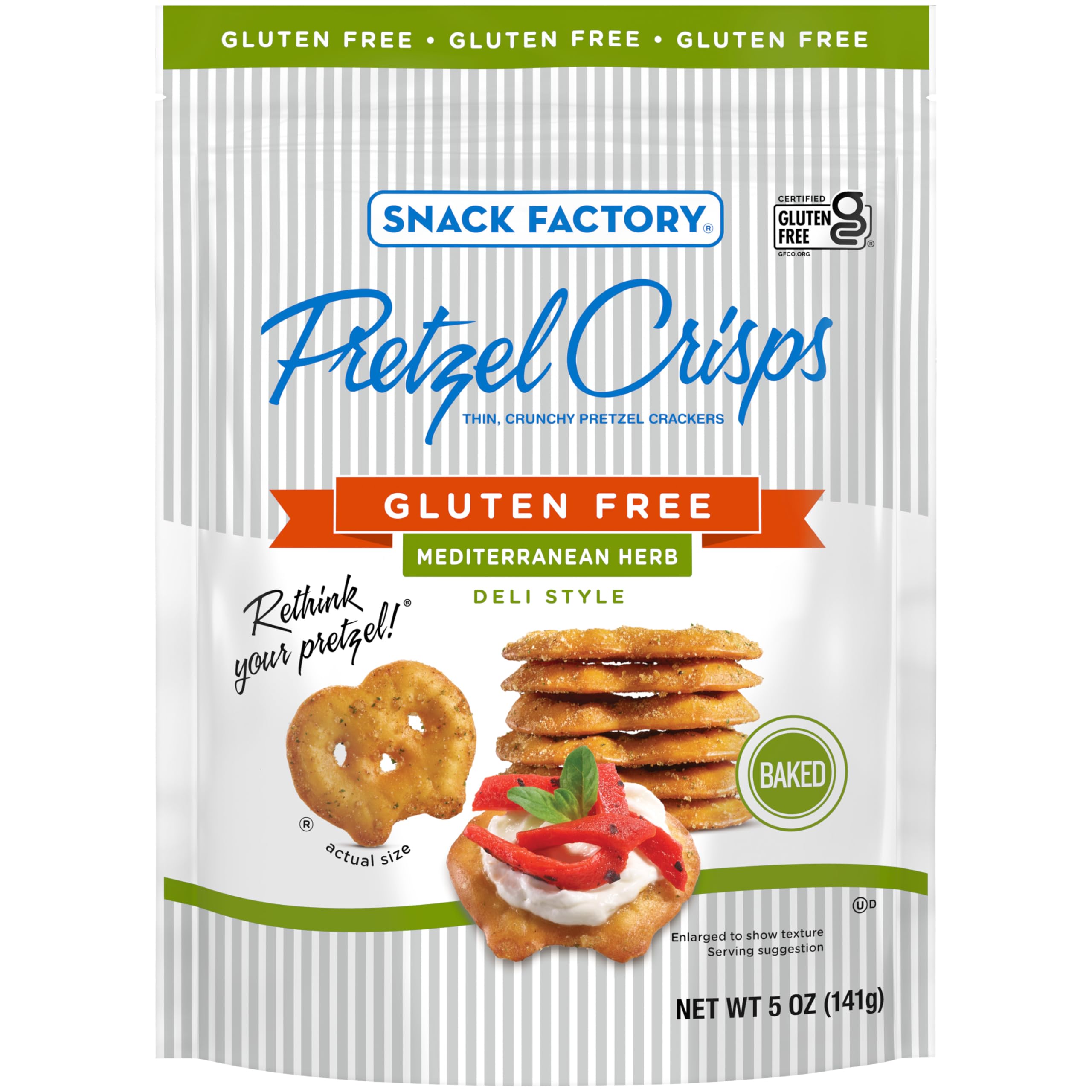 Snack Factory Mediterranean Herb Pretzel Crisps in a resealable bag, gluten-free crunch for on-the-go snacking.