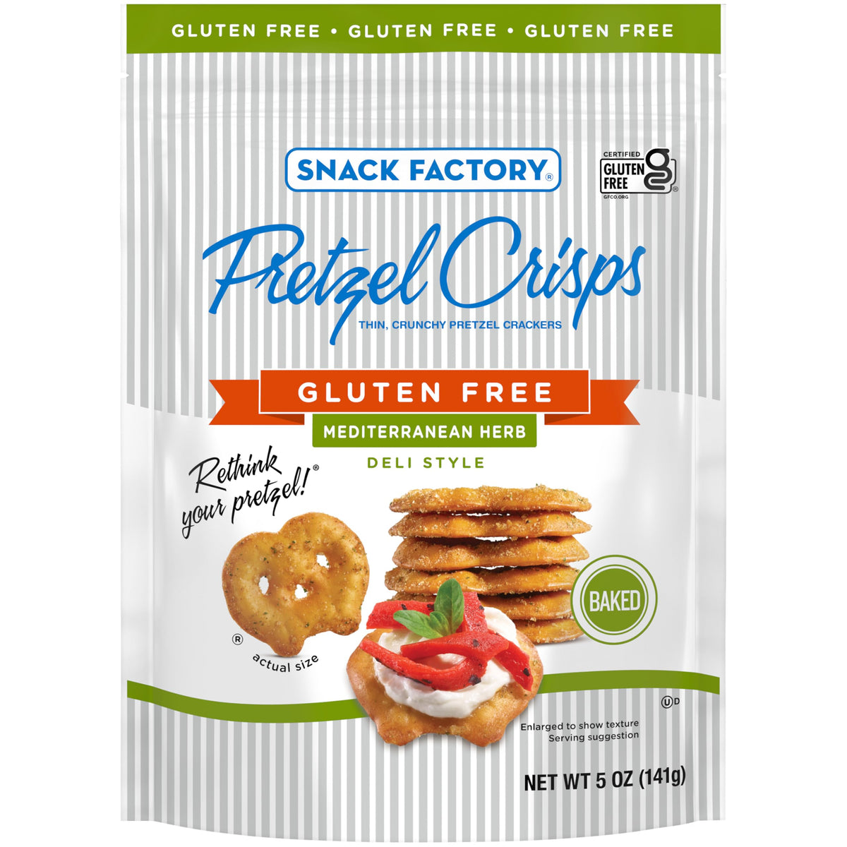 Snack Factory Mediterranean Herb Pretzel Crisps in a resealable bag, gluten-free crunch for on-the-go snacking.