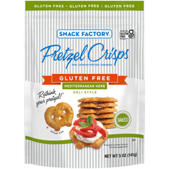 Snack Factory Mediterranean Herb Pretzel Crisps in a resealable bag, gluten-free crunch for on-the-go snacking.