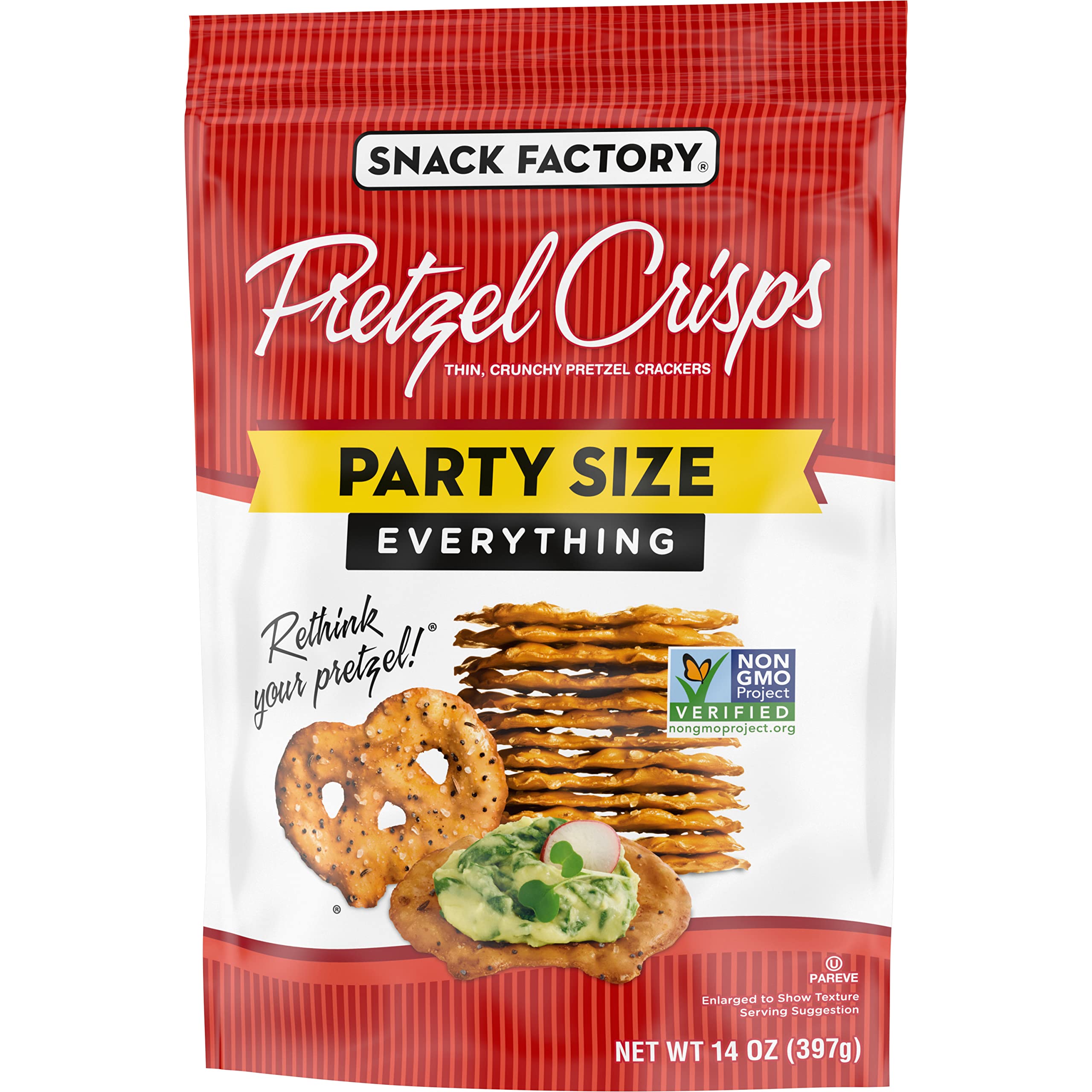 Snack Factory Non-GMO Pretzel Crisps shown as a versatile snack option.
