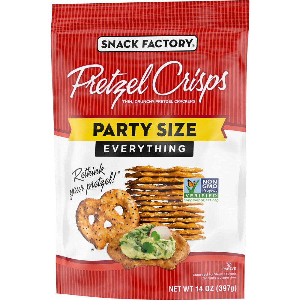 Snack Factory Non-GMO Pretzel Crisps shown as a versatile snack option.