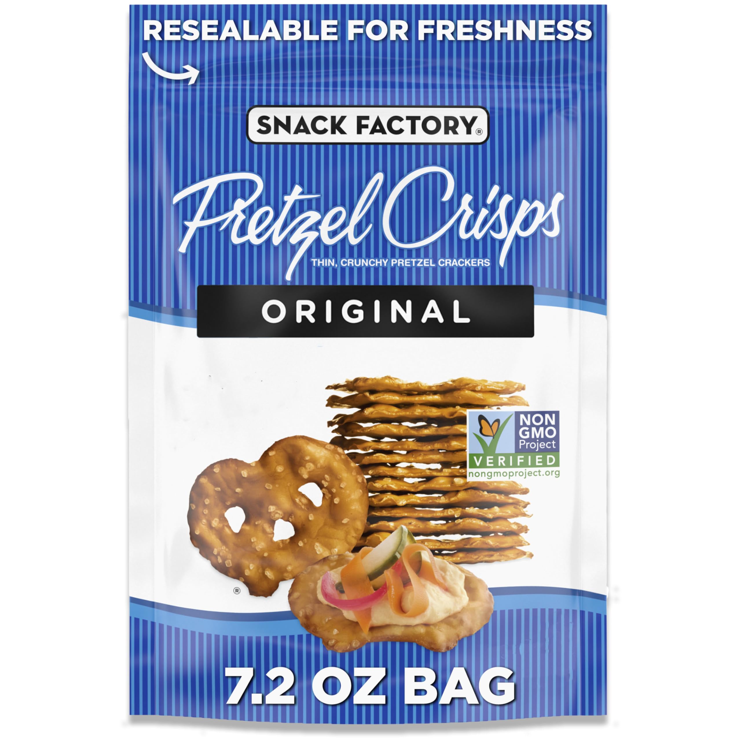 Snack Factory Original Pretzel Crisps bag view, resealable for freshness and easy snacking.
