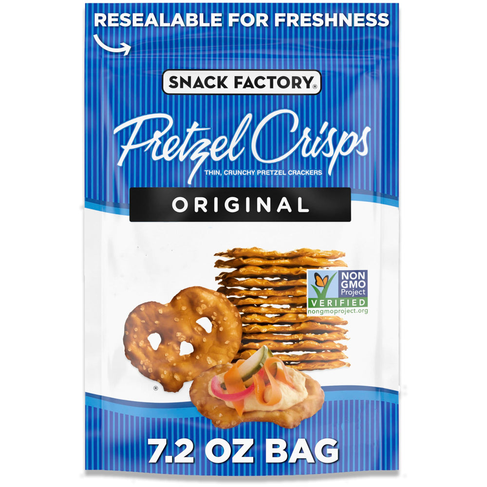 Snack Factory Original Pretzel Crisps bag view, resealable for freshness and easy snacking.