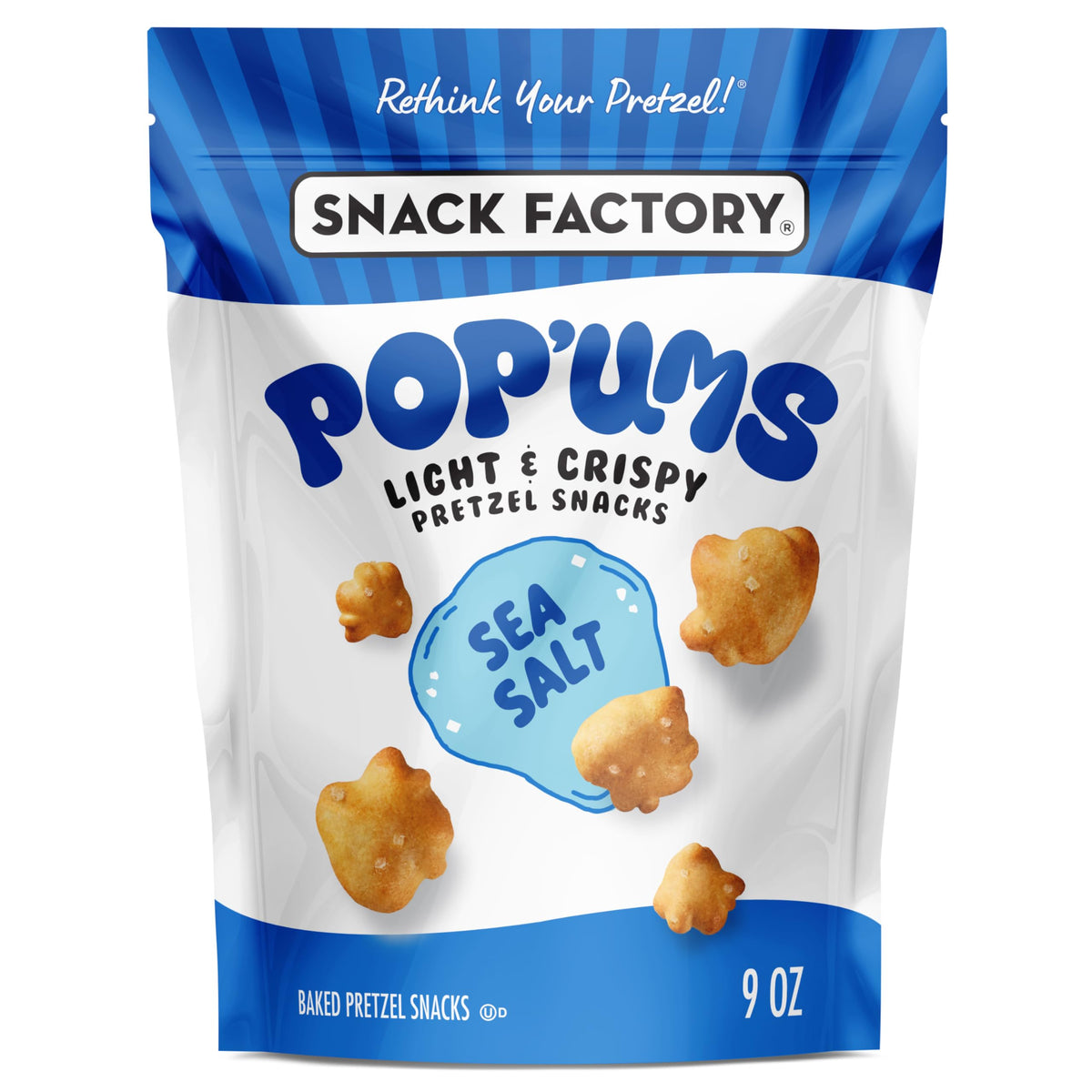 Snack Factory Pop'ums sea salt pretzel snacks bag shows a baked, crispy texture for on-the-go snacking.