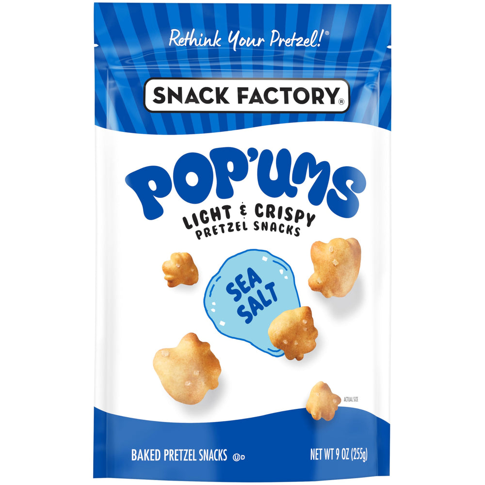 Snack Factory Pop'ums sea salt pretzel snacks being dipped for flavor exploration.