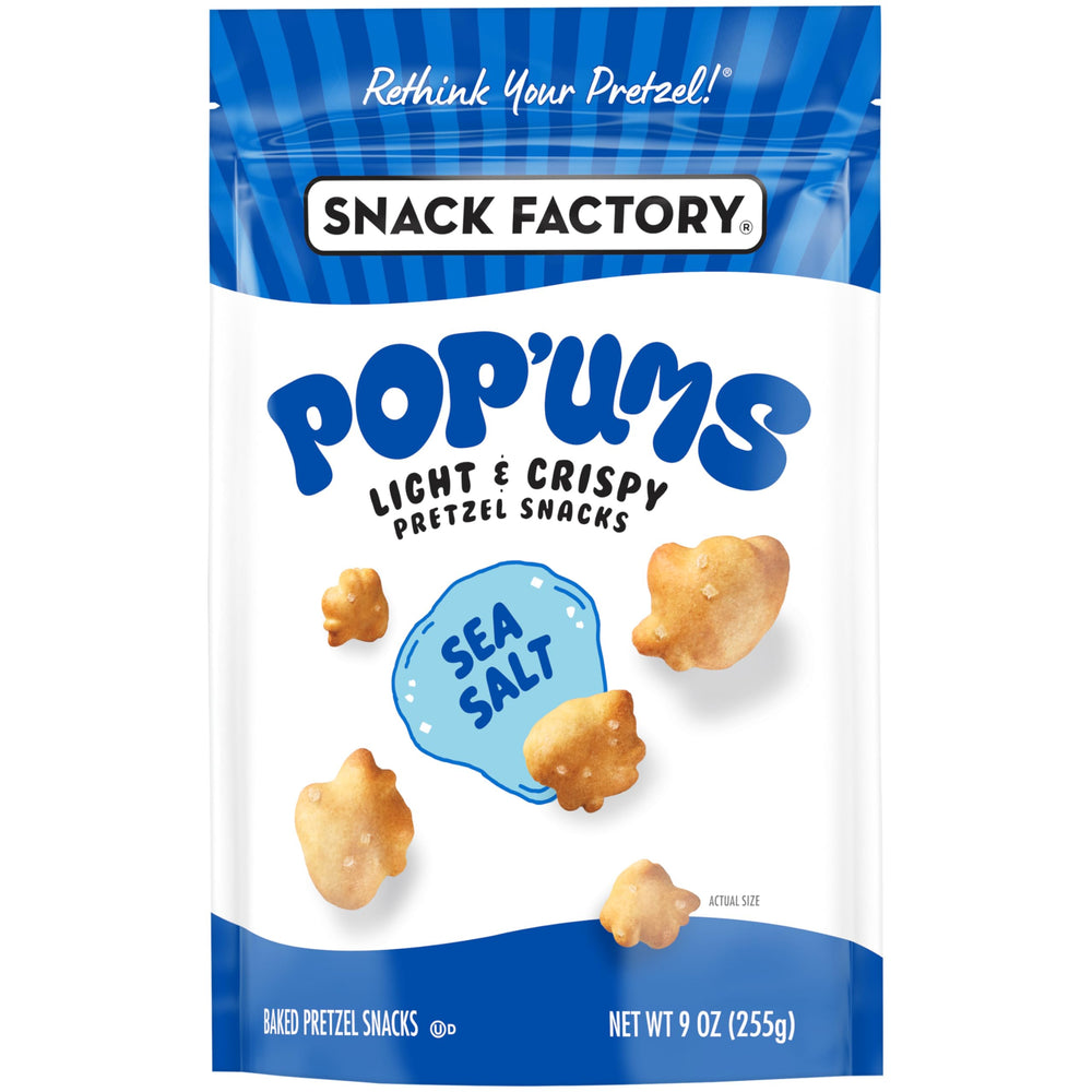 Snack Factory Pop'ums sea salt pretzel snacks closeup on salt crystals.
