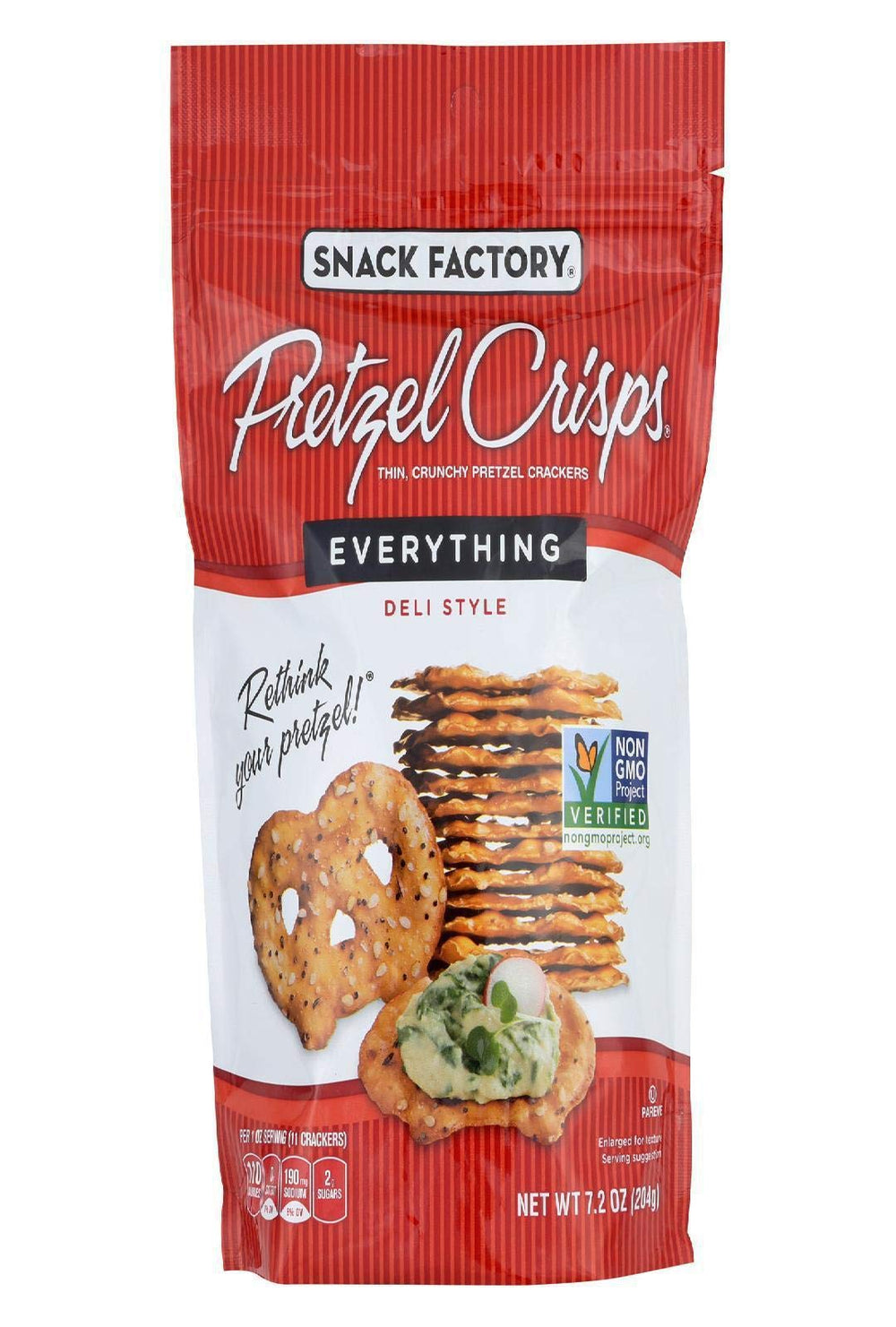 Snack Factory Pretzel Crisp Everything closeup highlighting crisp texture perfect for stacking and snacking