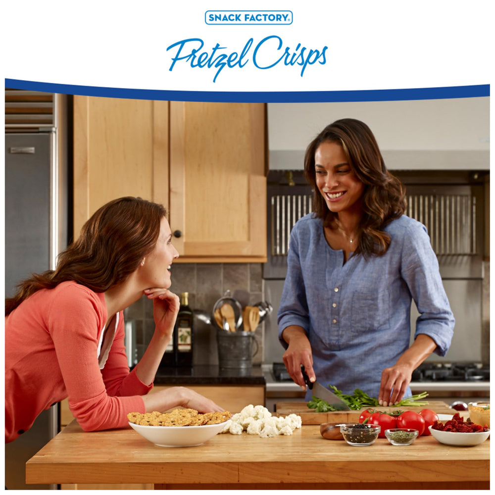 Snack Factory Pretzel Crisps bruschetta bites, crisp base for topping combinations.