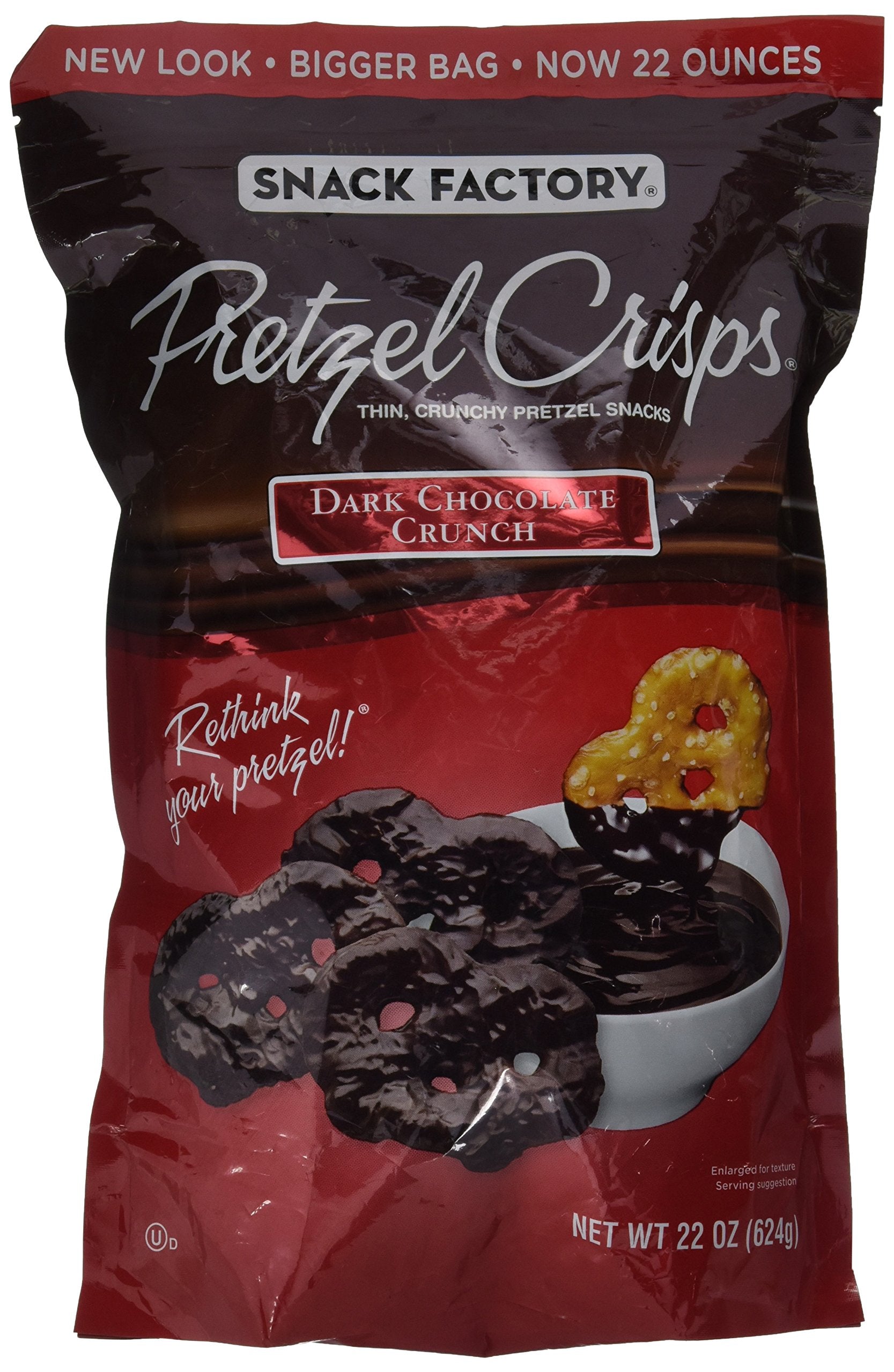 Snack Factory Pretzel Crisps Dark Chocolate bag with crisp chips and resealable packaging