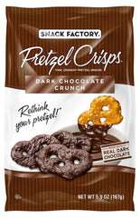 Snack Factory Dark Chocolate Covered Pretzel Crisps bag on table, convenient snack for on-the-go.