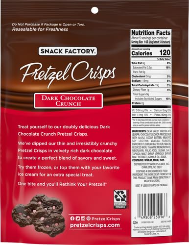 Close-up of Snack Factory Pretzel Crisps dark chocolate coating on a crisp.