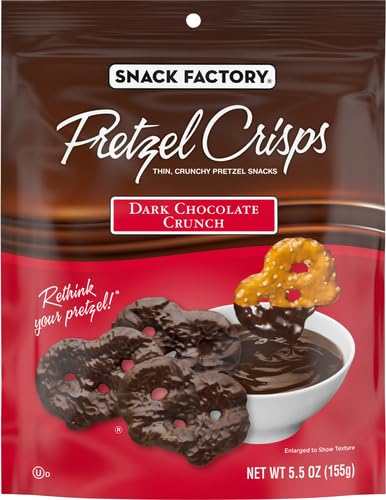 Serving idea with Snack Factory dark chocolate pretzel crisps beside ice cream dessert.