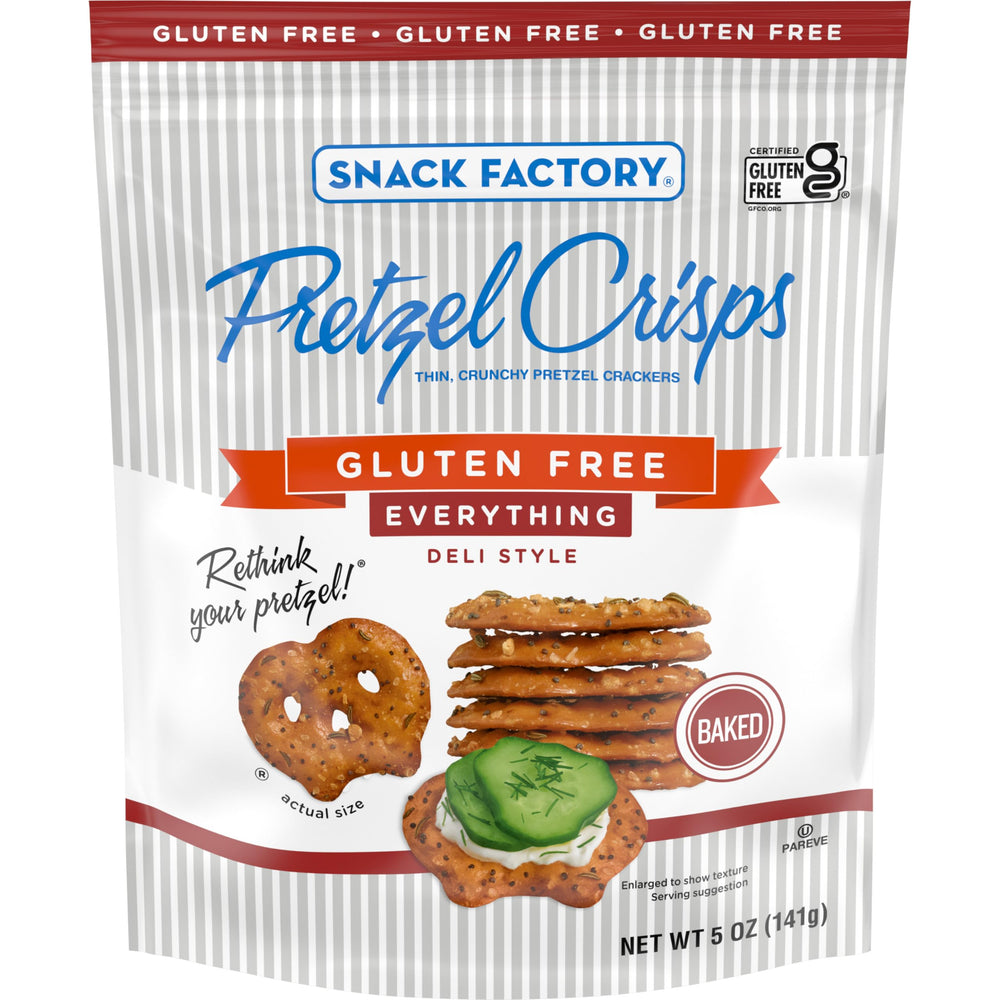 Snack Factory gluten free Everything Pretzel Crisps in resealable bag for on-the-go snacking