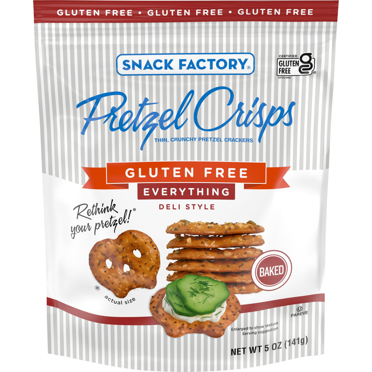 Snack Factory gluten free Everything Pretzel Crisps in resealable bag for on-the-go snacking