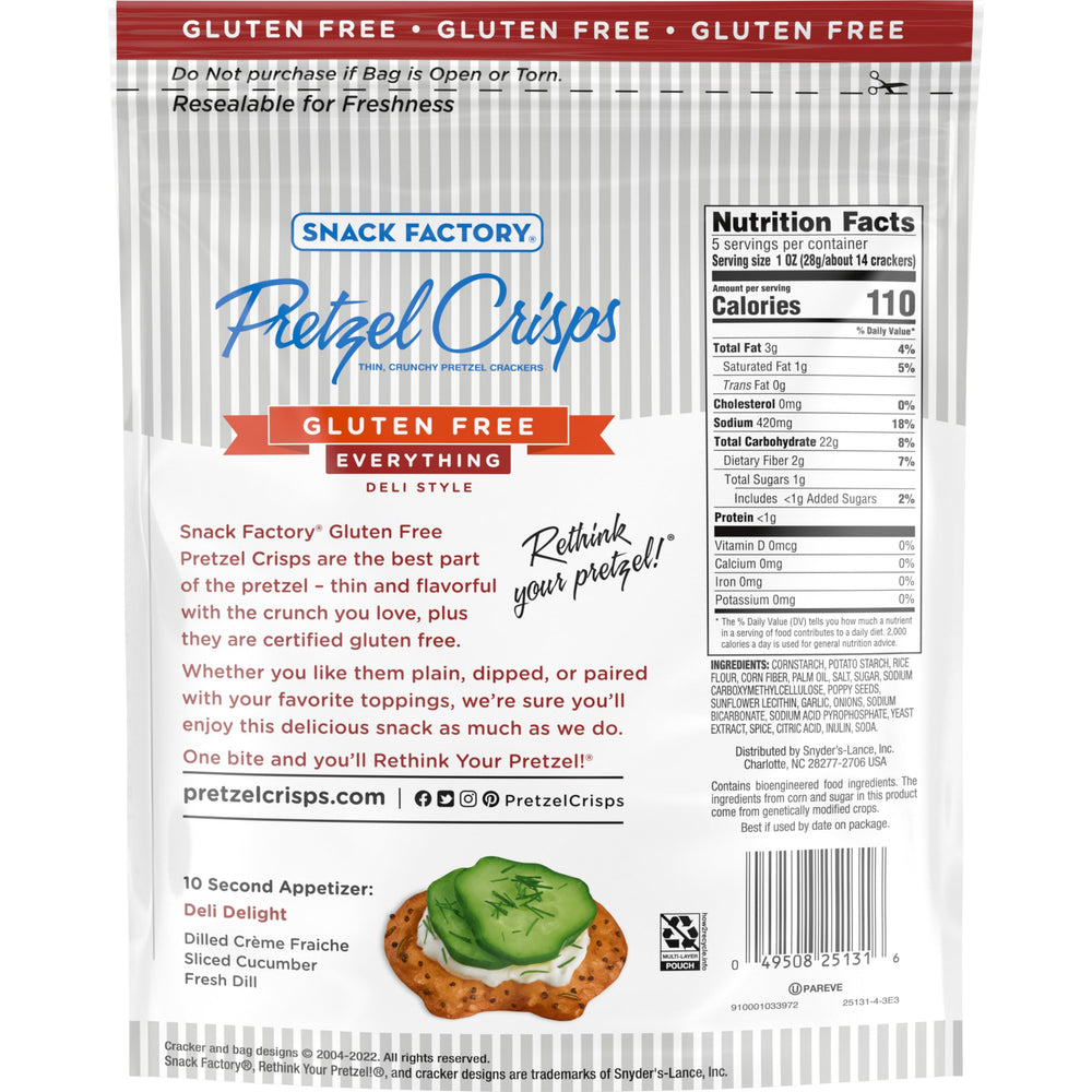 Snack Factory gluten free Everything Pretzel Crisps ready for on-the-go snacking in a bag