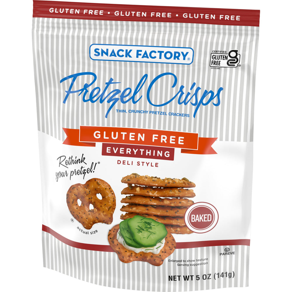 Snack Factory gluten free Everything Pretzel Crisps arranged on a snack plate for sharing