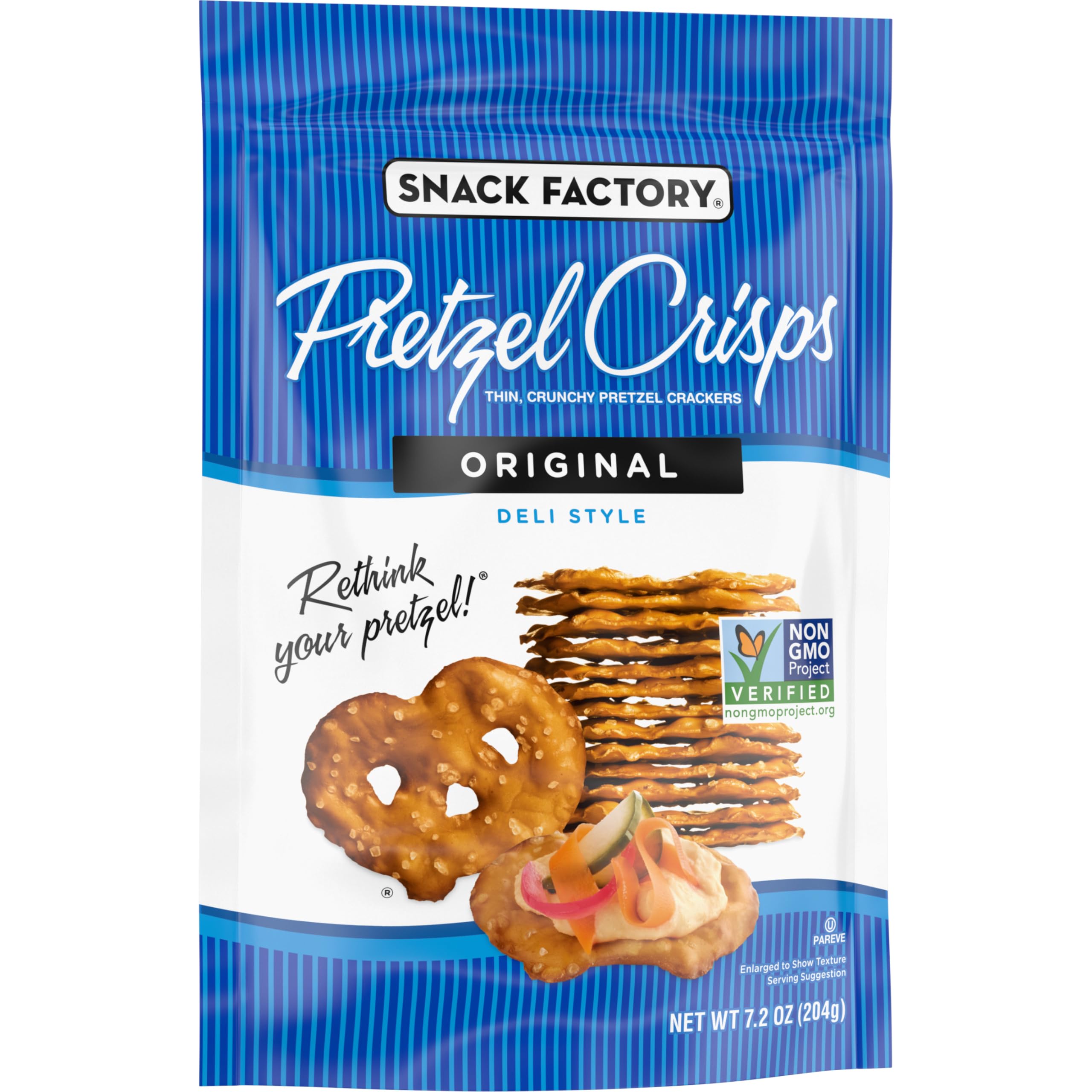 Snack Factory Pretzel Crisps Non-GMO verification label, trusted ingredients.