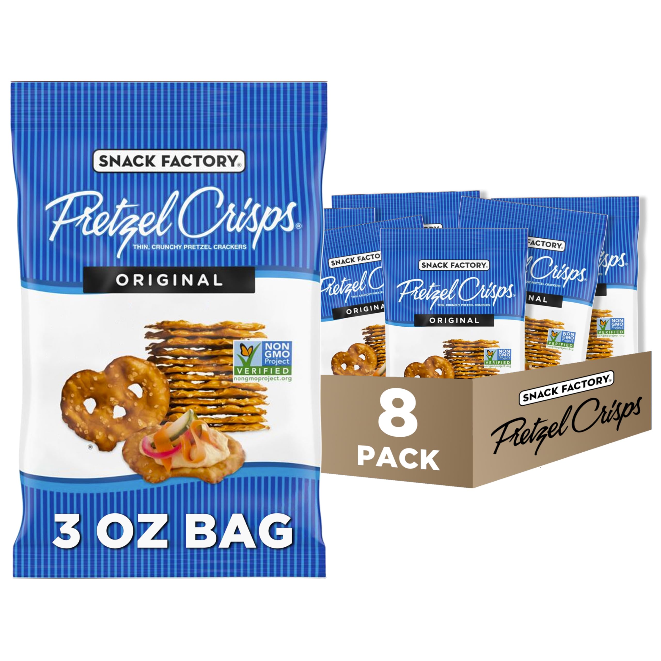 Snack Factory Pretzel Crisps Original bag front, 3oz, ideal for on-the-go snacking.