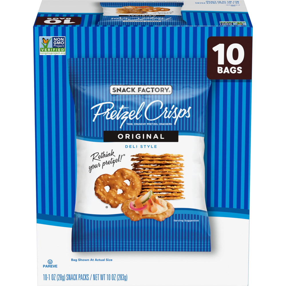Snack Factory Pretzel Crisps Original bag, a crunchy on-the-go snack.