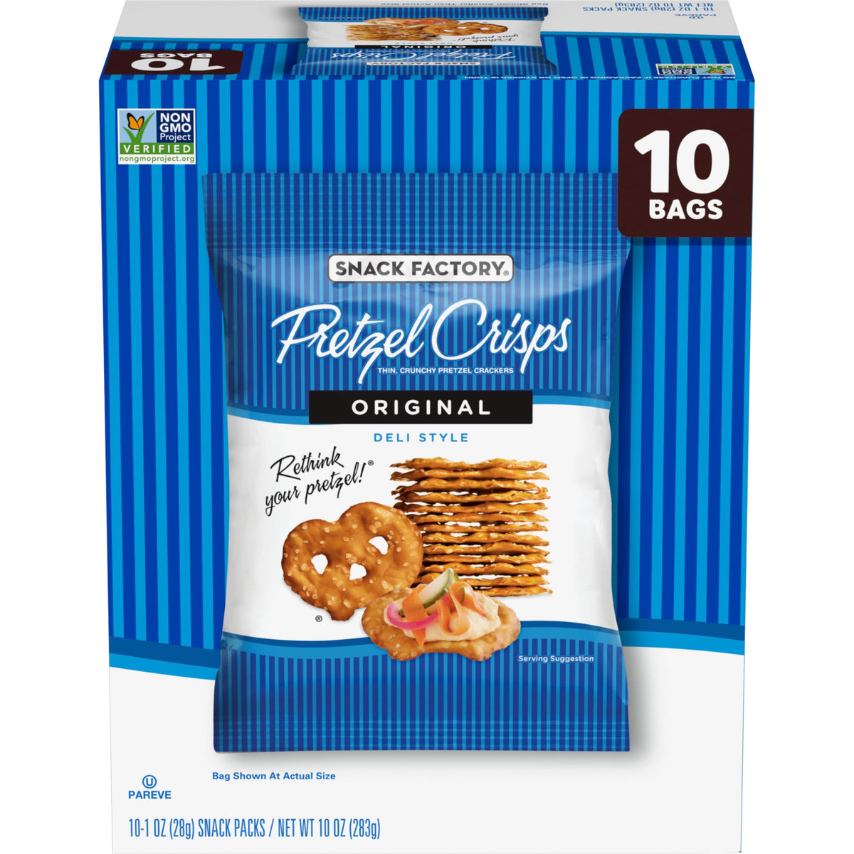 Snack Factory Pretzel Crisps Original bag, a crunchy on-the-go snack.