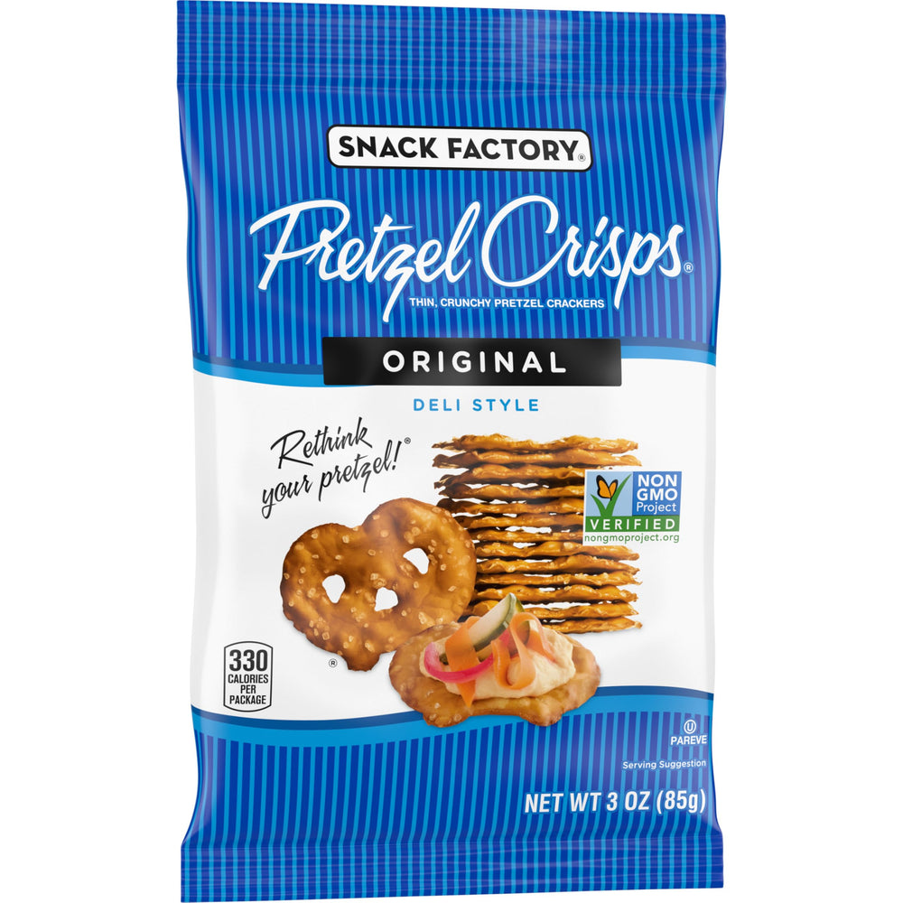 Snack Factory Pretzel Crisps Original pairs with chocolate dipping.