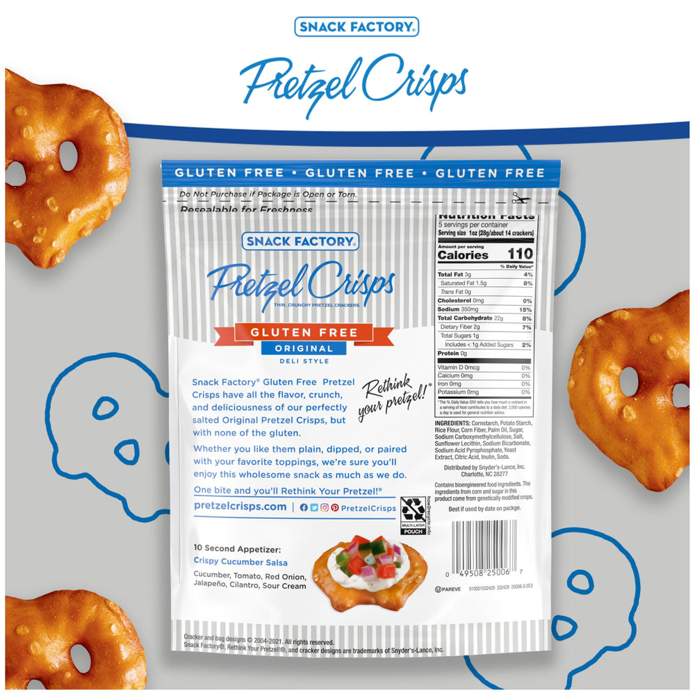 Snack Factory Pretzel Crisps Original with cheese dip, quick snack.