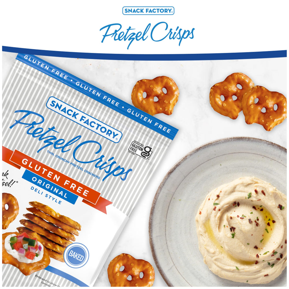 Snack Factory Pretzel Crisps Original with hummus, savory pairing idea.