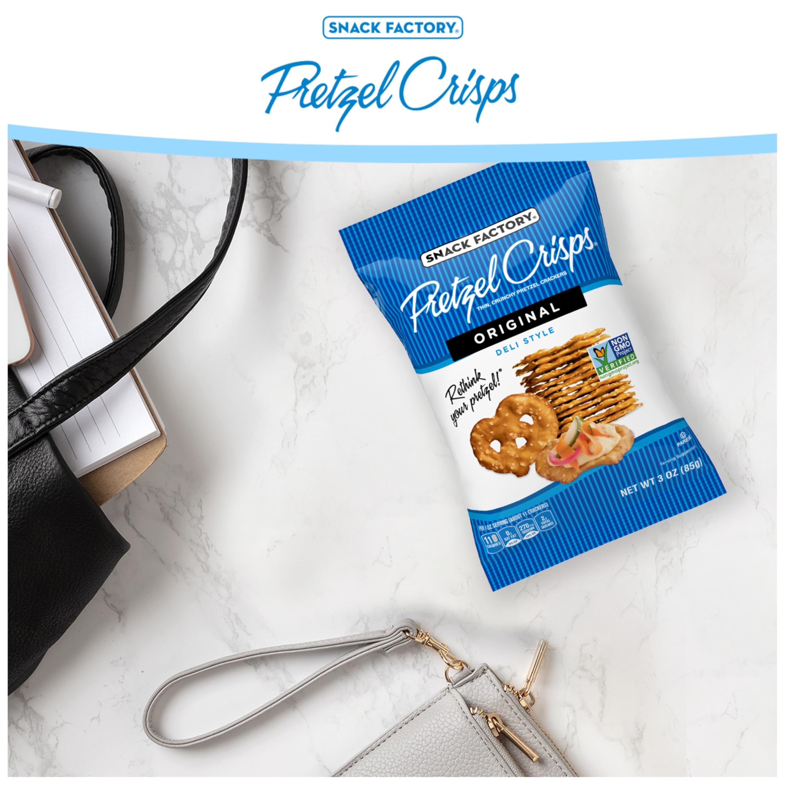 Snack Factory Pretzel Crisps Original golden-brown bake detail, great for dips.