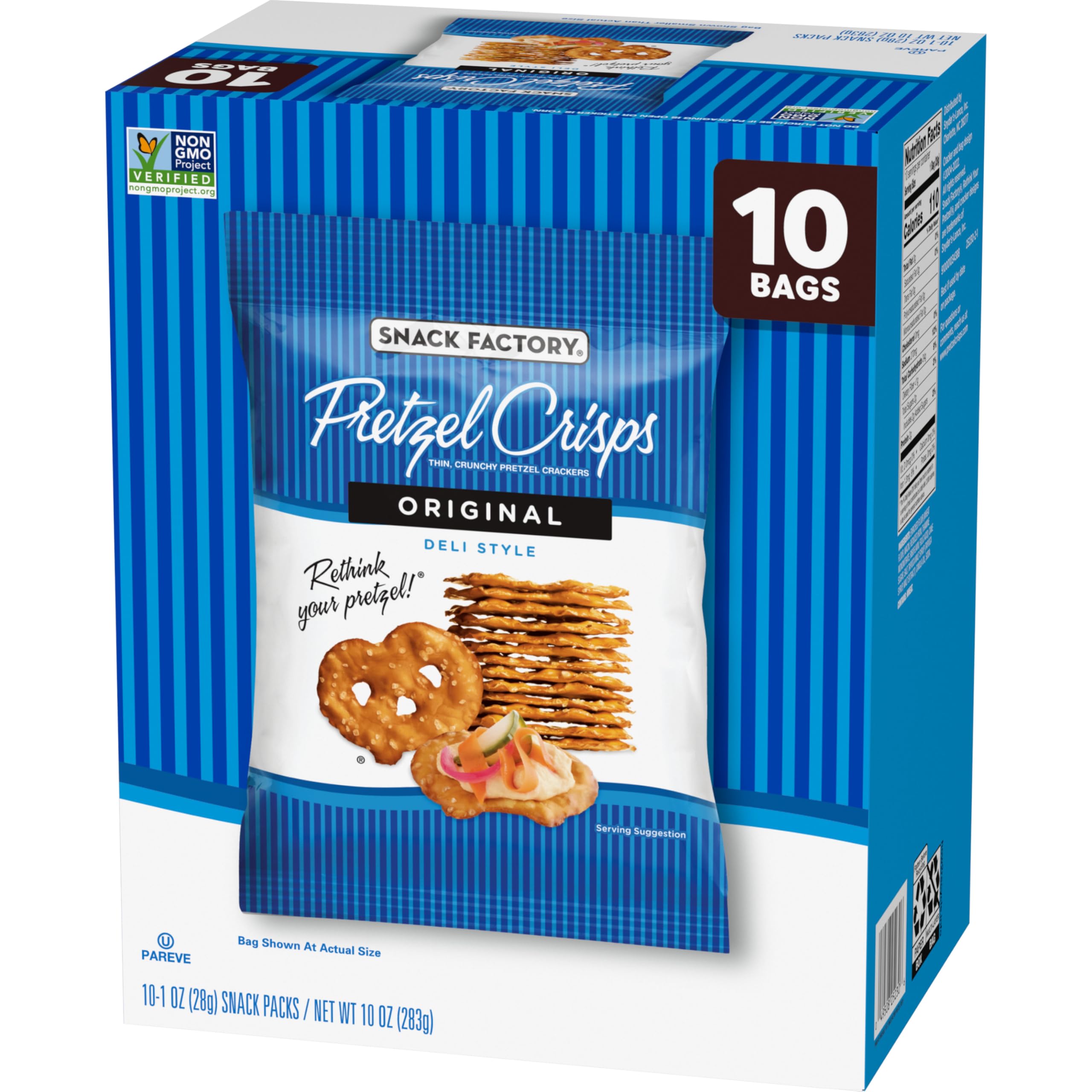 Snack Factory Pretzel Crisps Original Non-GMO snack option.