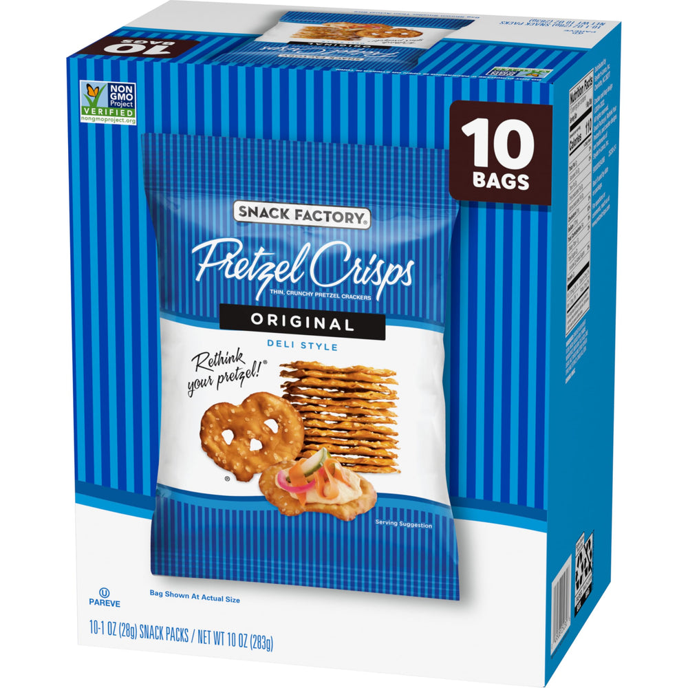 Snack Factory Pretzel Crisps Original Non-GMO snack option.
