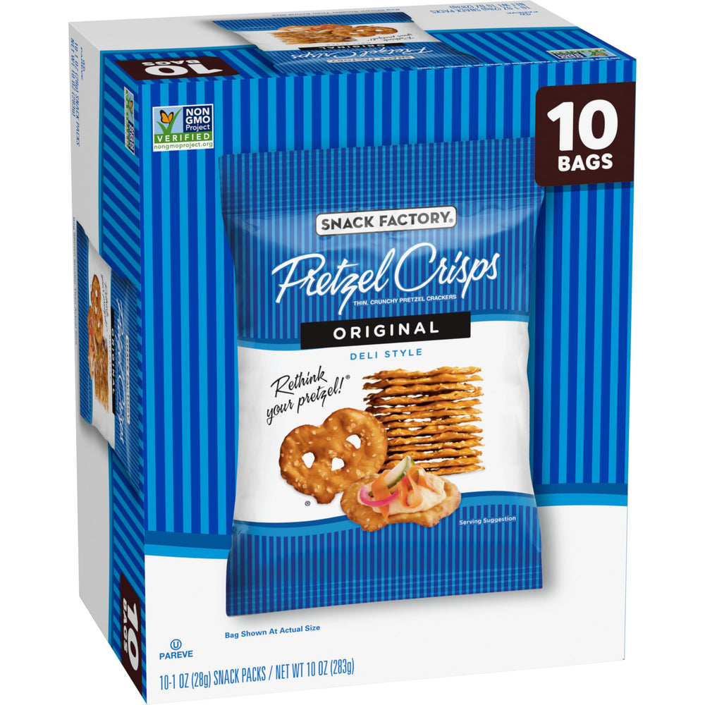 Snack Factory Pretzel Crisps Original for grab-and-go lunches.