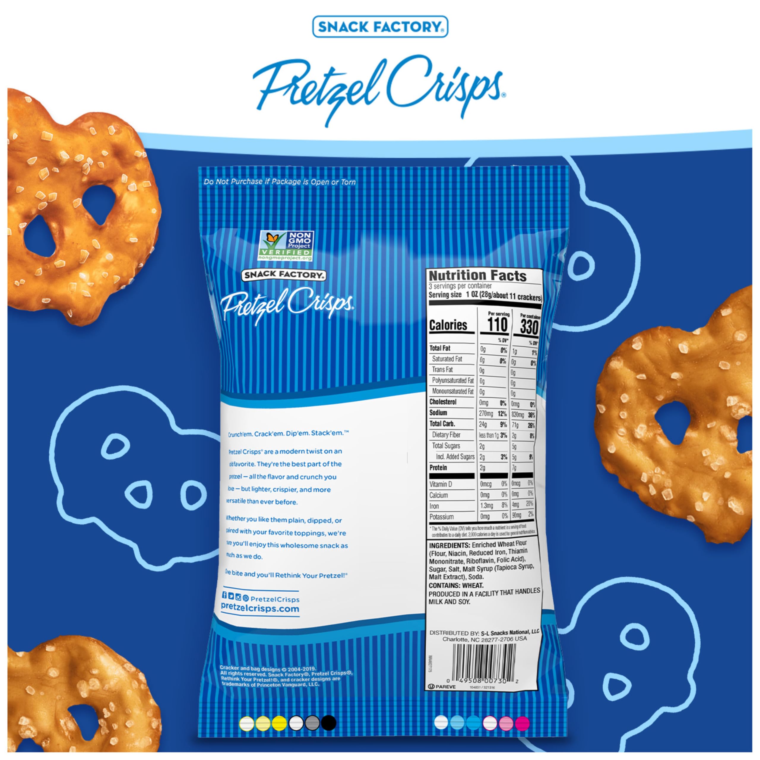 Snack Factory Pretzel Crisps Original pack of eight for easy snacking.